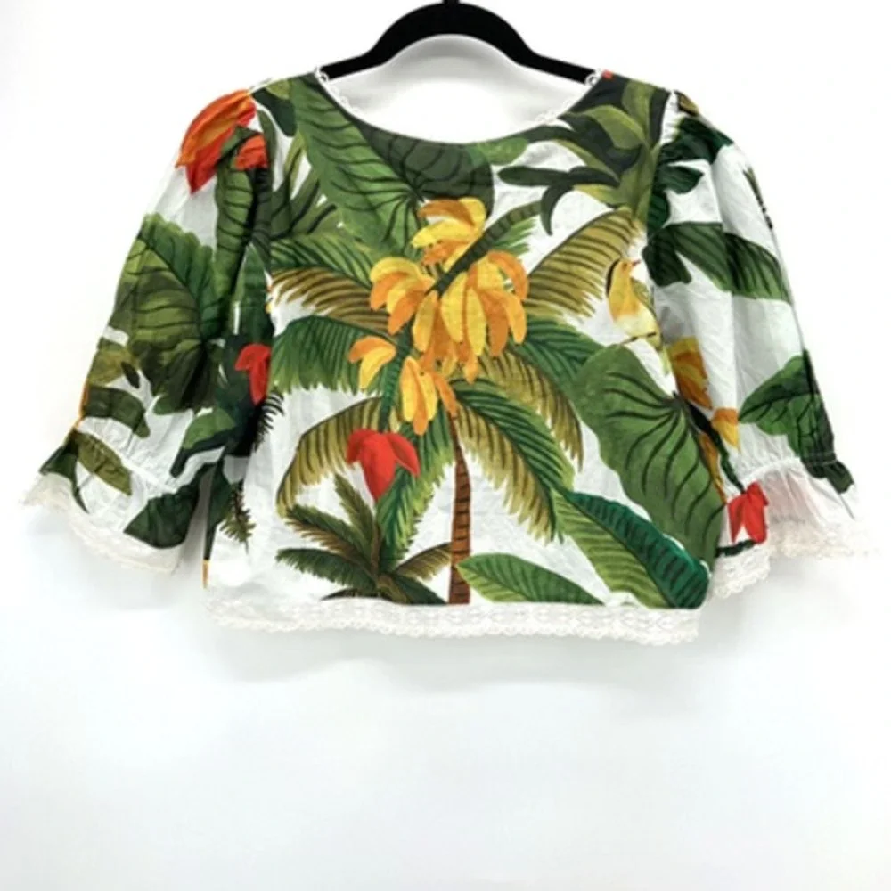 Farm Rio White Cocoa‎ Forest Blouse Puff Sleeve Crochet Size S Tropical Boho NWT